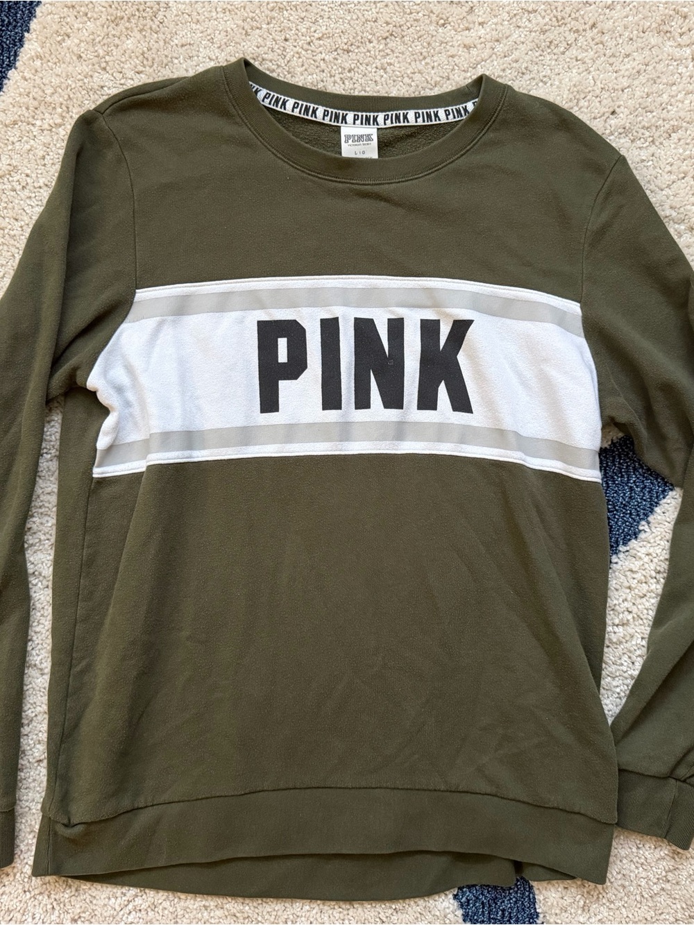 PINK Victoria's Secret Olive Green and White Crew Sweatshirt